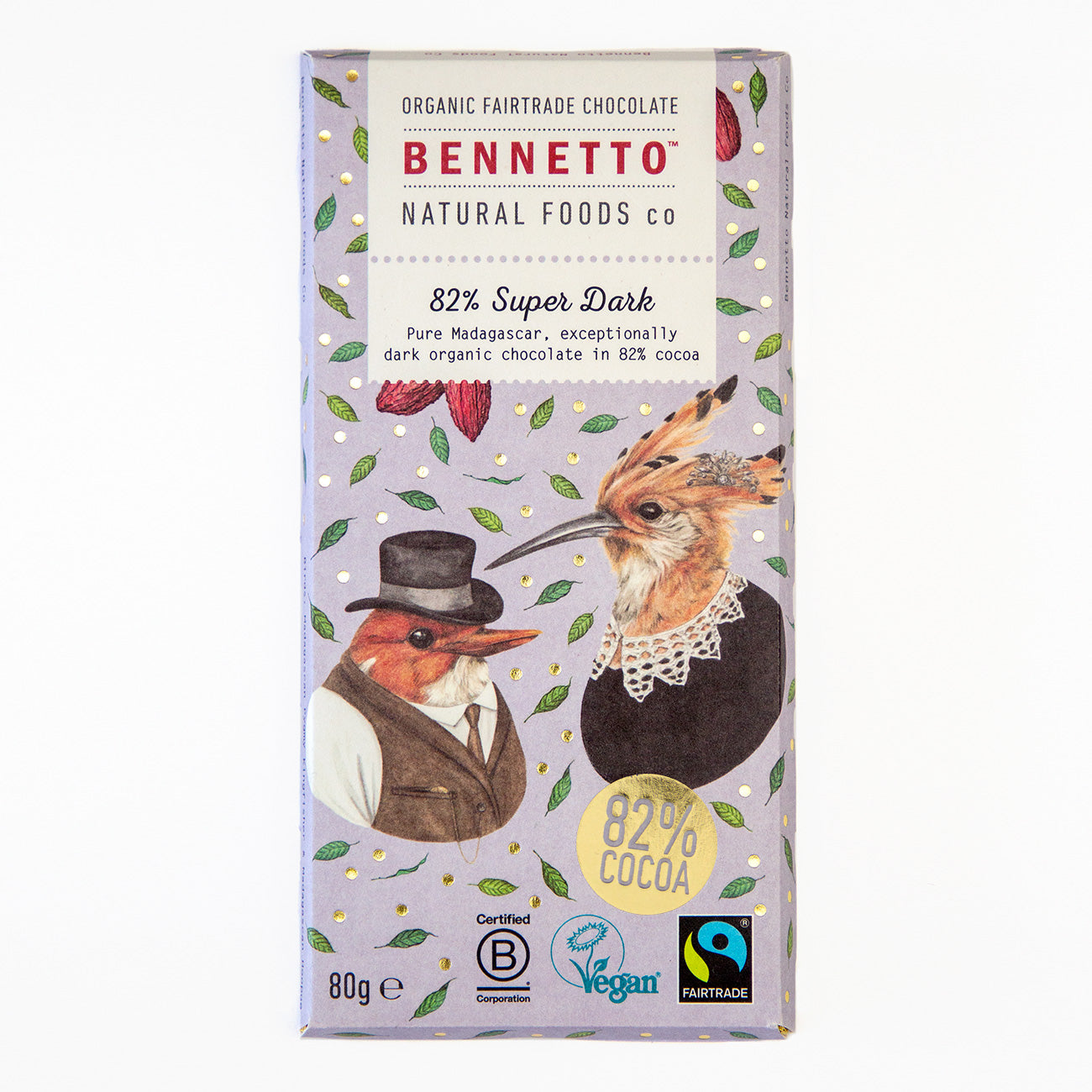 Bennetto Natural Foods UK 82% super dark chocolate bar showing the front packaging with rich, dark chocolate squares.