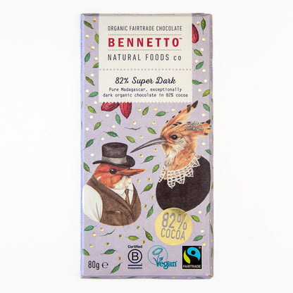 Bennetto Natural Foods UK 82% super dark chocolate bar showing the front packaging with rich, dark chocolate squares.