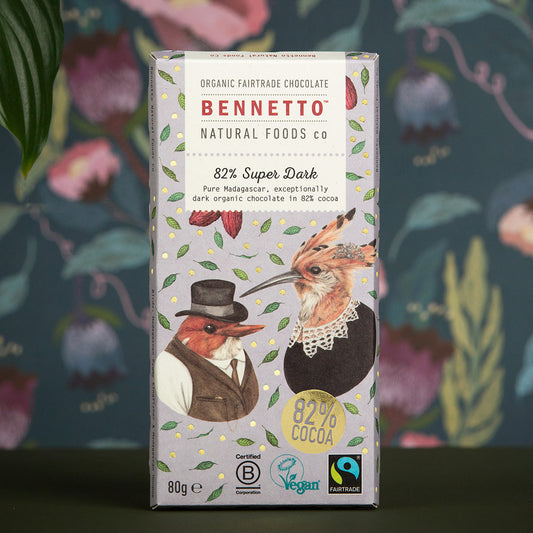 Bennetto Natural Foods UK 82% super dark chocolate bar with rich, intense cocoa content and smooth texture.