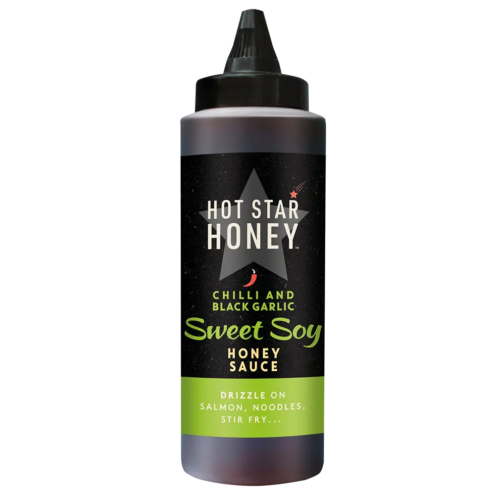 Hot Star Honey Asian-inspired Chilli and Black Garlic Sweet Soy sauce in a bottle, with spicy and savory flavors.