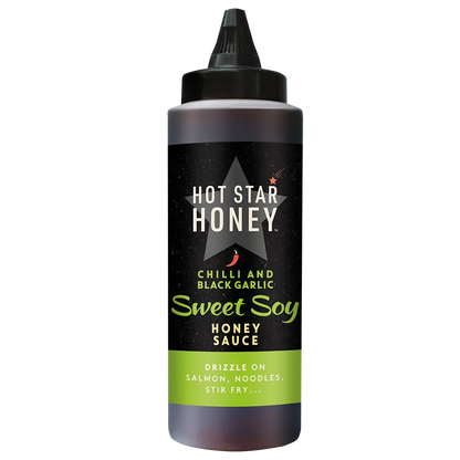 Hot Star Honey Asian-inspired Chilli and Black Garlic Sweet Soy sauce in a bottle, with spicy and savory flavors.