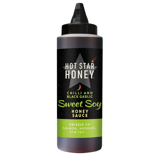 Hot Star Honey Asian-inspired Chilli and Black Garlic Sweet Soy sauce in a bottle, with spicy and savory flavors.