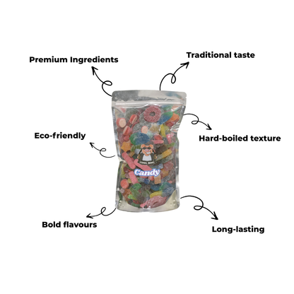 Sweet and sour candy in a resealable 1kg bag from Cool Hog Snacks, colorful candies with a tangy flavor.