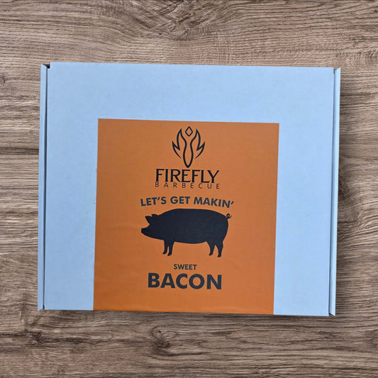 FireFly Barbecue Sweet Bacon Curing Kit with curing salts and spices for homemade bacon preparation.