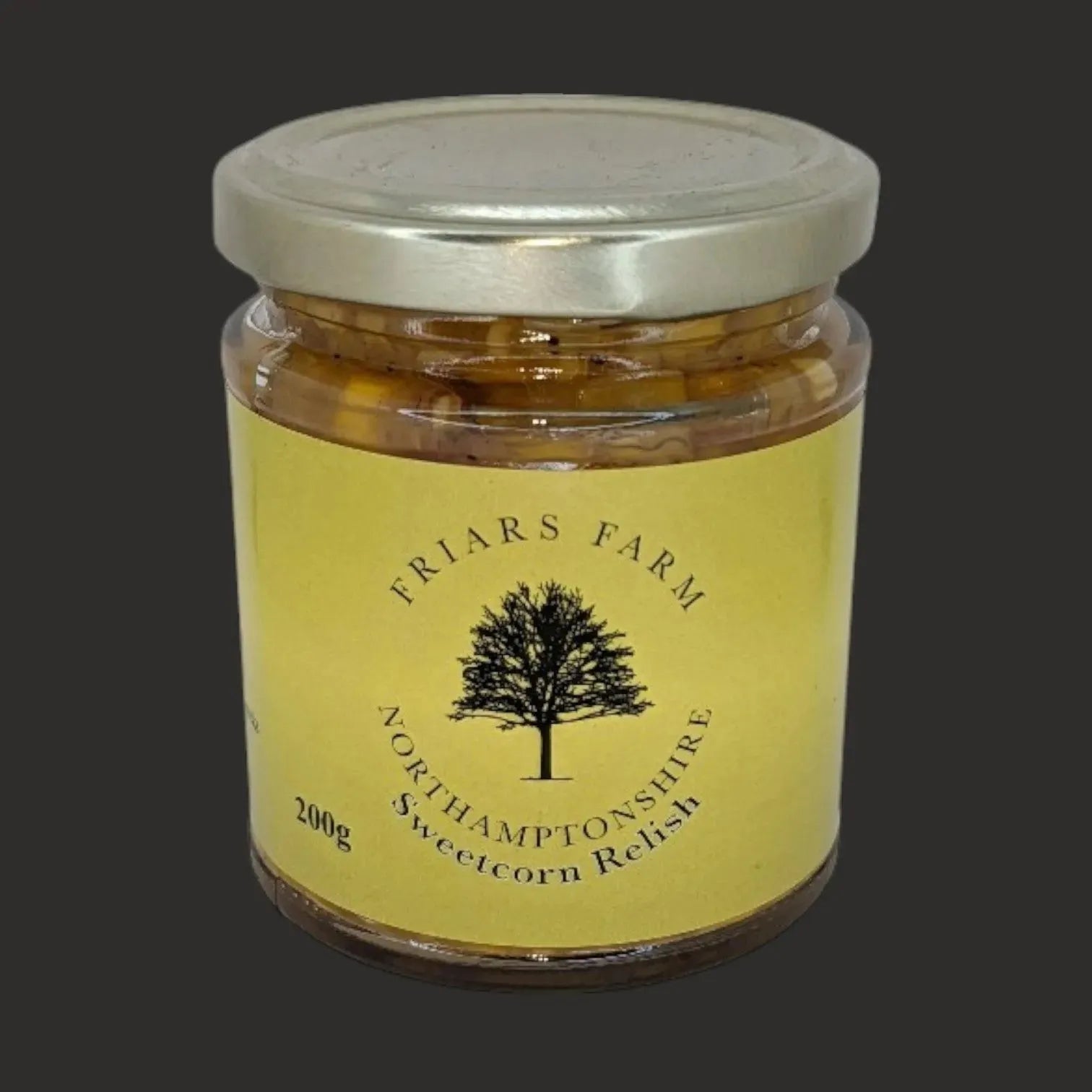 Close-up of Friars Farm Sweetcorn Relish chutney jar with visible sweetcorn chunks and rich texture.