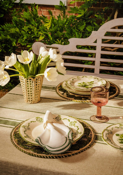 Casa by Josephine Jenno Jemima linen tablecloth with green stripe pattern, showing its soft fabric and stylish design.