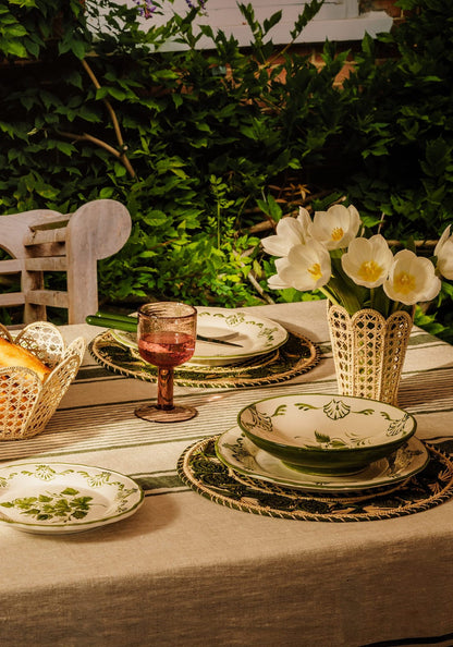 Green striped Jemima linen tablecloth by Casa by Josephine Jenno, showcasing a stylish and crisp fabric pattern.