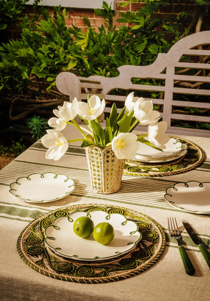 Green striped Jemima Linen Tablecloth by Casa by Josephine Jenno, showing a close-up of the fabric pattern and texture.