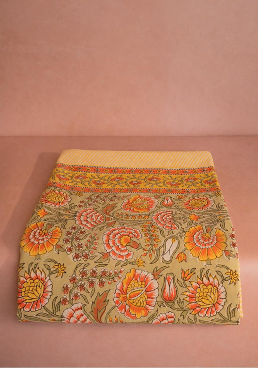 Casa by Josephine Jenno Mughal Rajan floral tablecloth with intricate floral patterns on fabric for elegant dining decor.