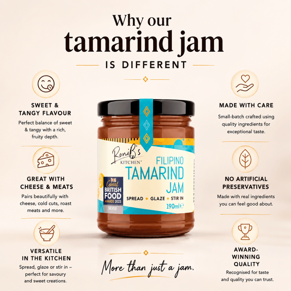 RoniBs Kitchen Filipino Tamarind Jam with Tarsier Gin, jar of tamarind jelly, perfect for cheese pairing, silver winner at Great British Food Awards