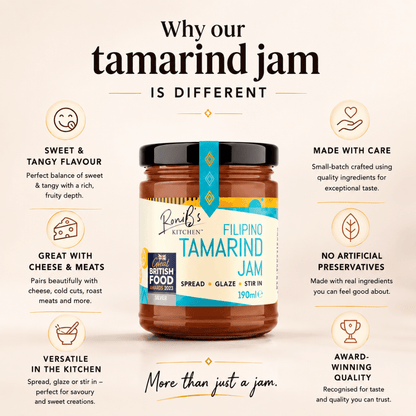 RoniBs Kitchen Filipino Tamarind Jam with Tarsier Gin, jar of tamarind jelly, perfect for cheese pairing, silver winner at Great British Food Awards
