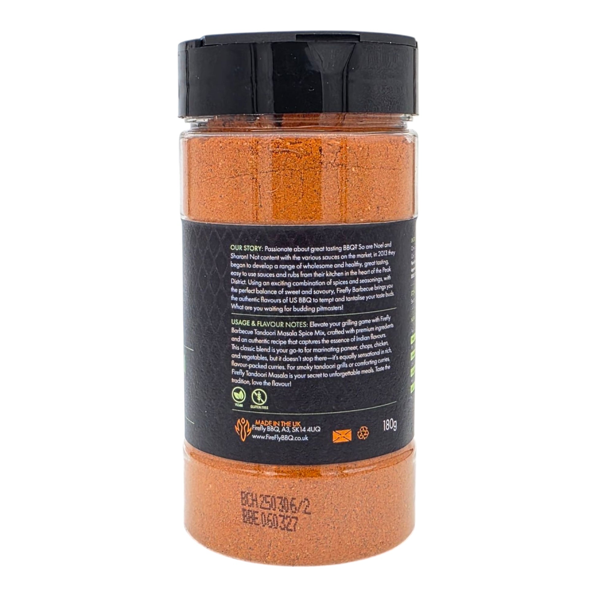 FireFly Barbecue Tandoori Spice Seasoning BBQ Rub in a jar with vibrant spices and herbs for flavorful grilling.