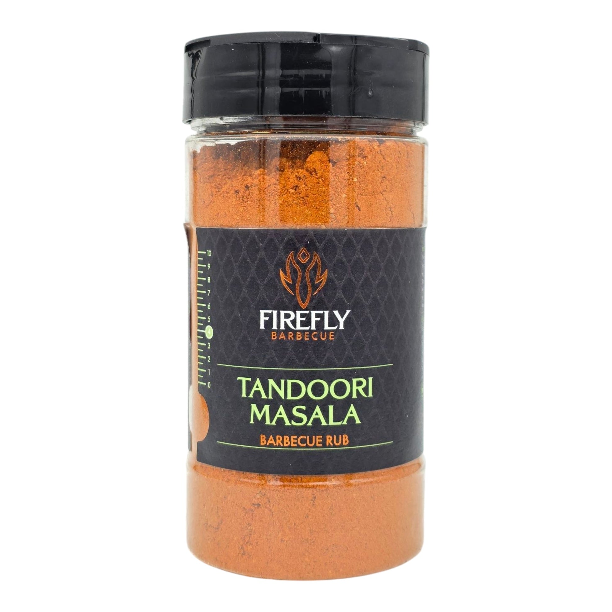 FireFly Barbecue Tandoori Spice Seasoning BBQ Rub in a jar, vibrant red-orange blend with aromatic herbs and spices for grilling.