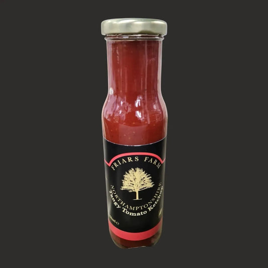 Bottle of Friars Farm Tangy Tomato Ketchup with a bright red label and a squeeze nozzle on a white background.