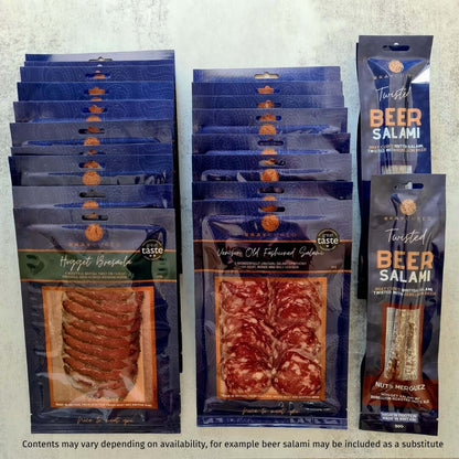 Assorted Bray Cured charcuterie selection featuring 20 packs of cured meats arranged flat with branding text visible.