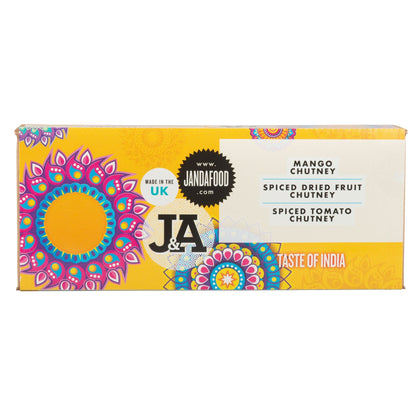 Janda Taste of India gift box with assorted Indian snacks and spices arranged in a decorative gift package.