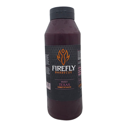 FireFly Barbecue Sweet Texas BBQ Sauce in a 1-liter bottle, showcasing rich, glossy sauce with a deep red color