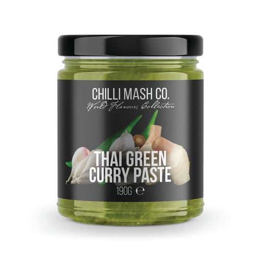 Thai Green Curry Paste from Chilli Mash Co., 185g jar, featuring vibrant green chili and spice blend for authentic Thai cooking.