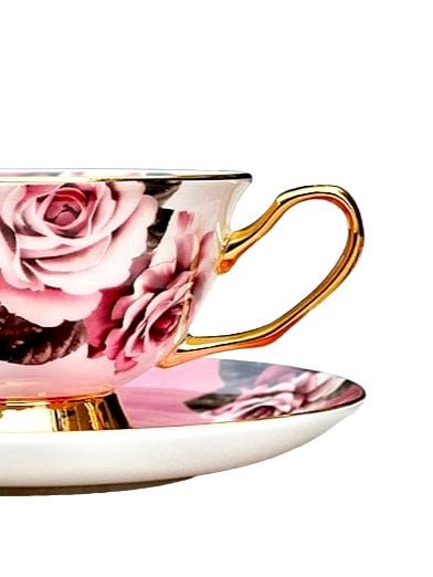 KitchBoom Rosette Majesty Bone China teacup with matching saucer, elegant floral design and delicate craftsmanship.