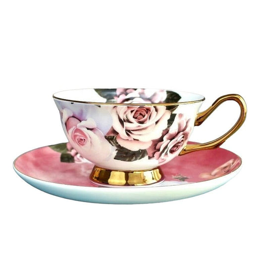 KitchBoom Rosette Majesty Bone China Teacup and Saucer with elegant floral design and delicate craftsmanship.