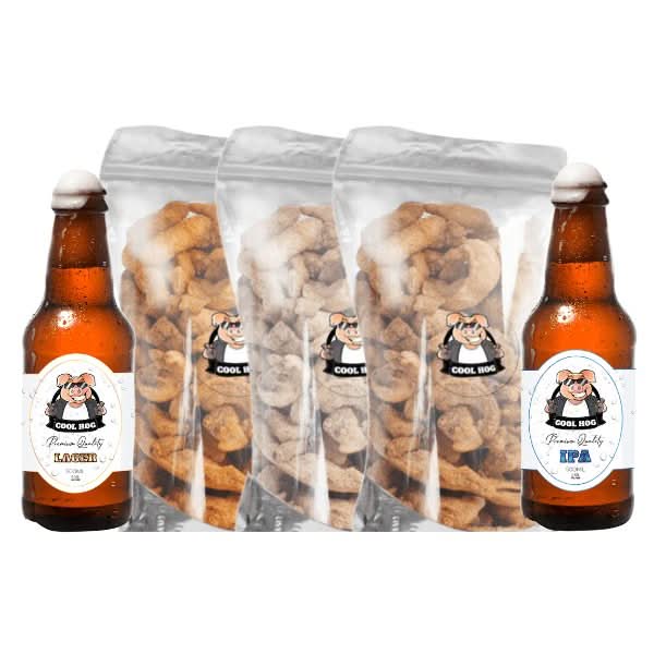 Assorted snacks from Cool Hog Snacks' The Lads Night In Bundle, featuring a variety of savory treats and chips on a wooden table.