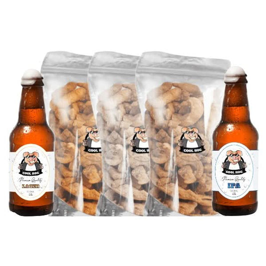 Assorted snacks from Cool Hog Snacks' The Lads Night In Bundle, featuring a variety of savory treats and chips on a wooden table.