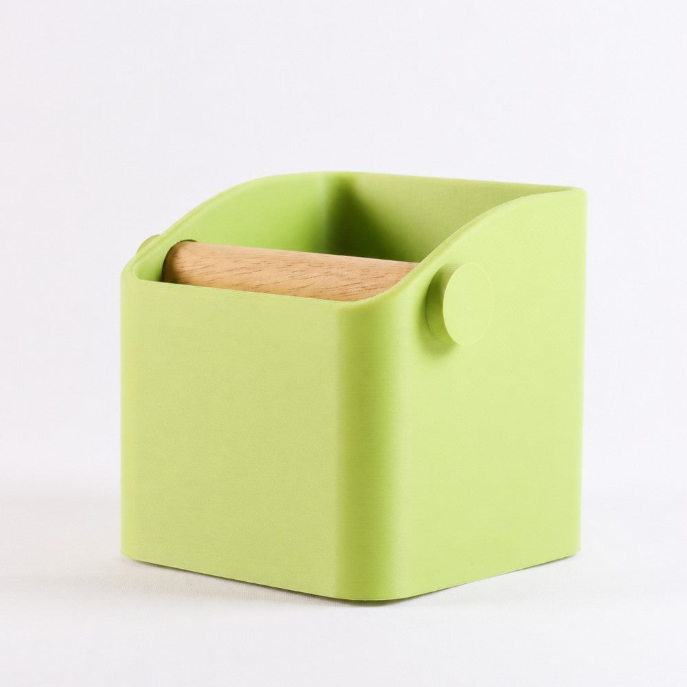 KNOCDIC® Square Espresso Knock Box in apple green with oak knock bar for coffee tamping and disposal.