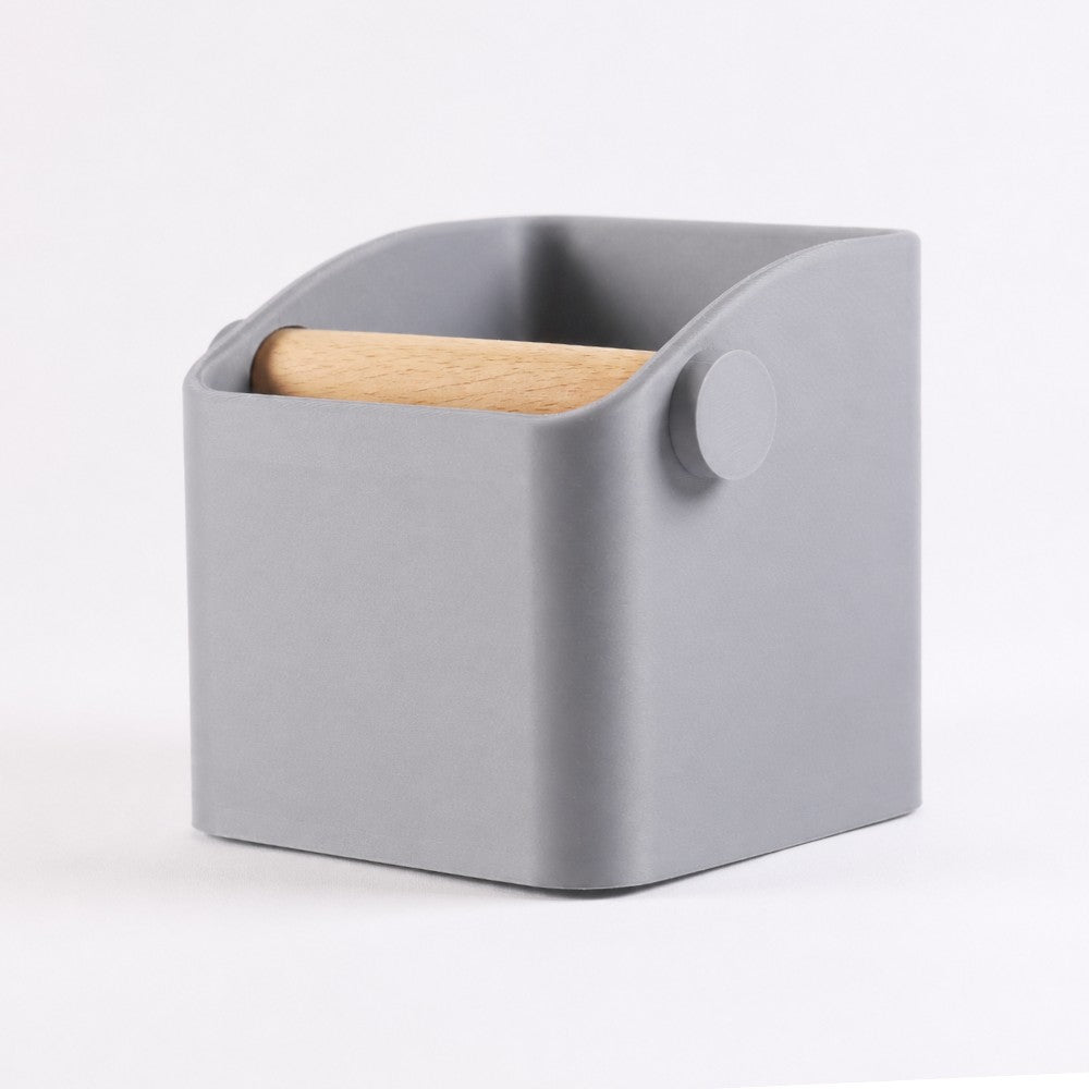KNOCDIC® Square Espresso Knock Box with ash grey finish and oak knock bar for barista coffee machine use