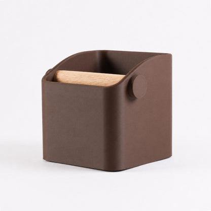 KNOCDIC® Square Espresso Knock Box in brown with oak knock bar for coffee machine portafilter waste disposal.