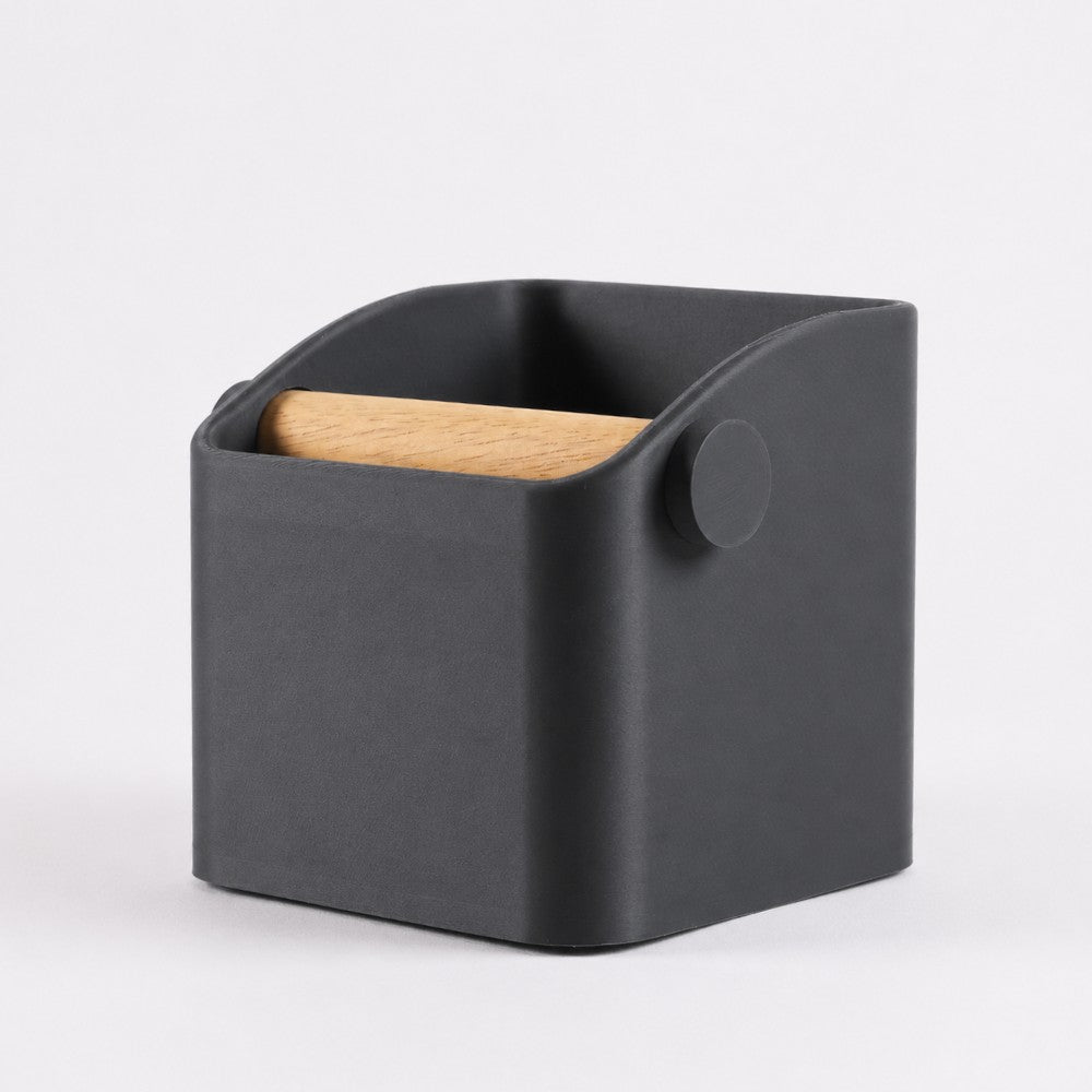 KNOCDIC® Square Espresso Knock Box in charcoal with oak knock bar for coffee tamping and espresso puck disposal.