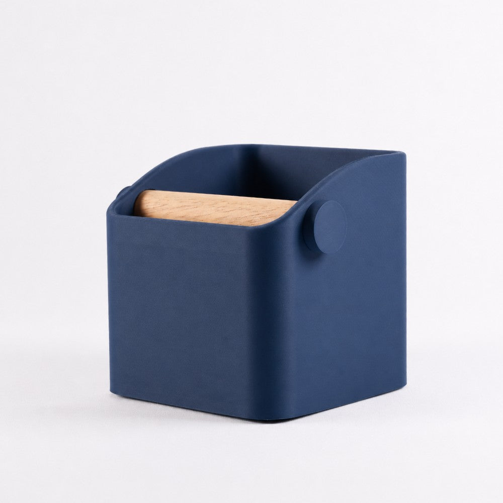 Dark blue KNOCDIC® Square Espresso Knock Box with oak knock bar for coffee grounds disposal.