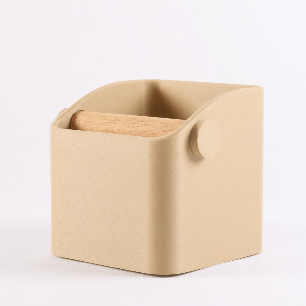 KNOCDIC® Square Espresso Knock Box with oak knock bar in desert tan for coffee espresso machine maintenance.