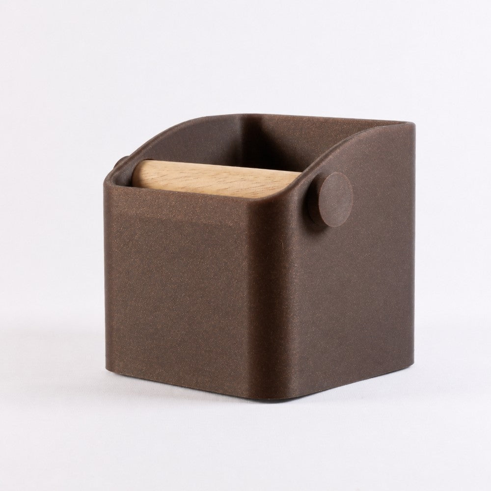 Galaxy brown Square Espresso Knock Box by KNOCDIC® with oak knock bar for easy coffee grounds disposal.