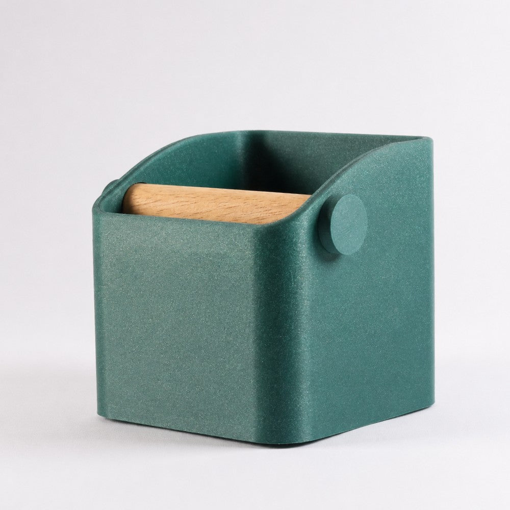 KNOCDIC® Square Espresso Knock Box in galaxy green with oak knock bar for coffee grounds disposal and barista use.