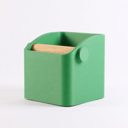 Grass green KNOCDIC® Square Espresso Knock Box with oak knock bar for easy coffee puck disposal.