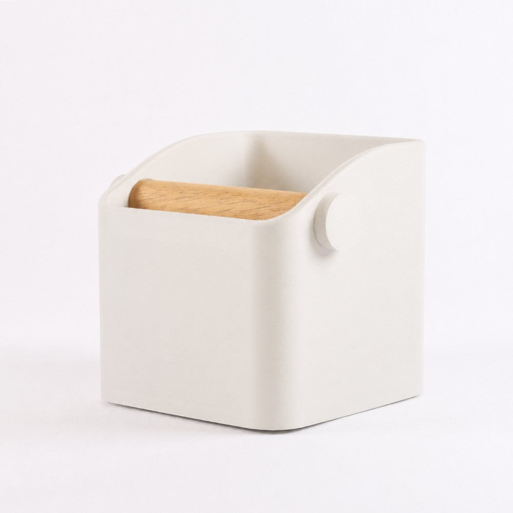 KNOCDIC® Square Espresso Knock Box with Ivory White finish and oak knock bar for easy coffee puck disposal.
