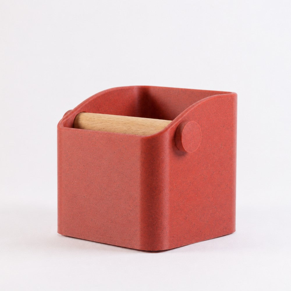KNOCDIC® Square Espresso Knock Box with marble red finish and oak knock bar for coffee espresso machine cleanup