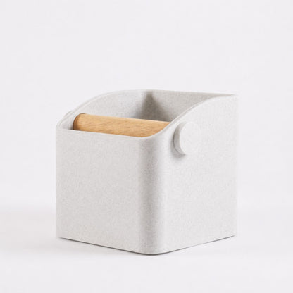 KNOCDIC® Square Espresso Knock Box with marble white finish and oak knock bar for coffee shop use.