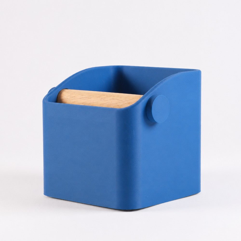 Marine blue Square Espresso Knock Box with Oak Knock Bar by KNOCDIC® for easy coffee shot disposal and countertop style