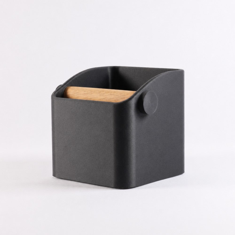 KNOCDIC® Square Espresso Knock Box in metallic black with oak knock bar for coffee espresso machine cleanup.