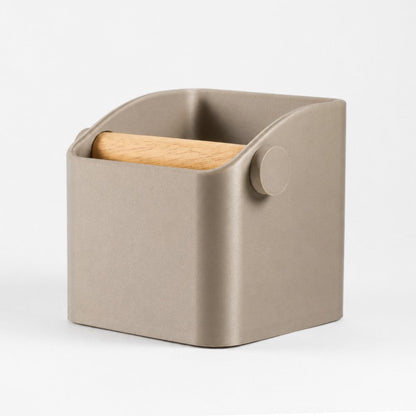 KNOCDIC® Square Espresso Knock Box in metallic gold with oak knock bar for coffee puck disposal.