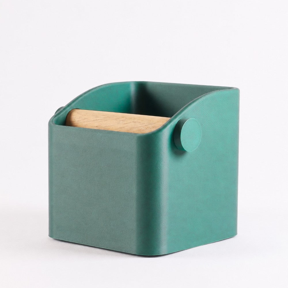 KNOCDIC® Square Espresso Knock Box with metallic green finish and oak knock bar for coffee machine cleanup.