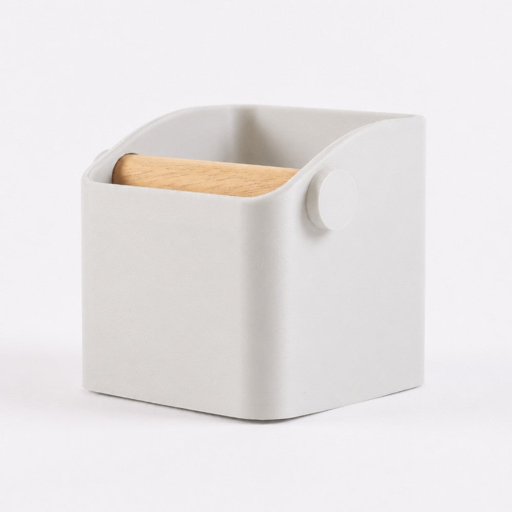 Off-white KNOCDIC® Square Espresso Knock Box with oak knock bar for coffee puck disposal and barista use.