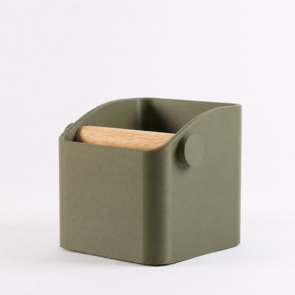 KNOCDIC® Square Espresso Knock Box with olive green finish and oak knock bar for coffee machine espresso puck removal.