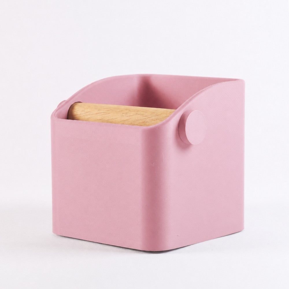 Pink Square Espresso Knock Box by KNOCDIC® with oak knock bar for coffee puck disposal and barista use.