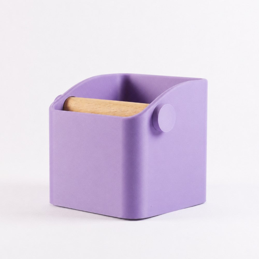 KNOCDIC® Square Espresso Knock Box with purple finish and oak knock bar for easy coffee puck disposal.