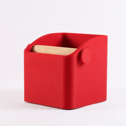 Red Square Espresso Knock Box by KNOCDIC® with oak knock bar for easy coffee puck disposal.