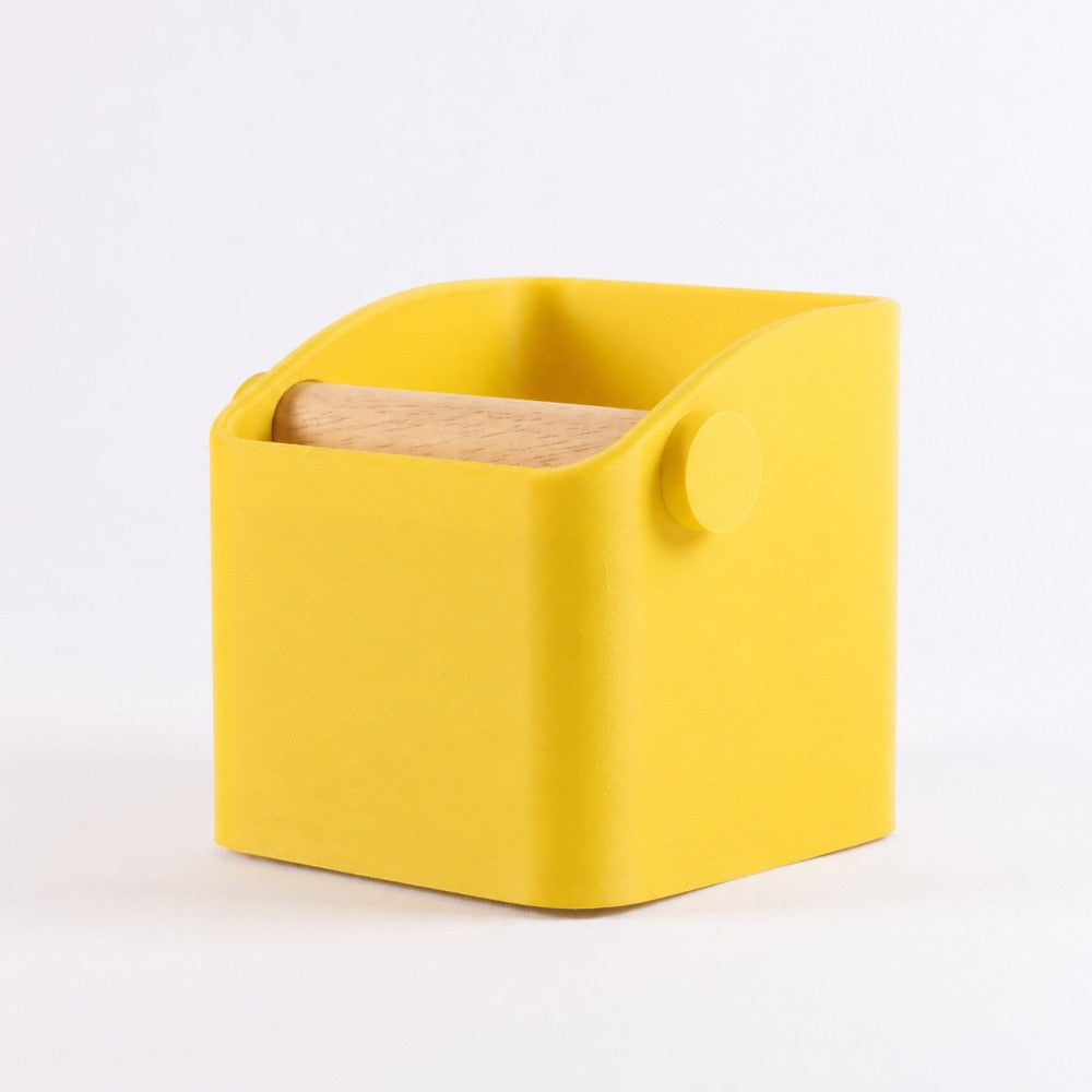 Yellow Square Espresso Knock Box with Oak Knock Bar by KNOCDIC®, sturdy coffee tamper removal tool for baristas.
