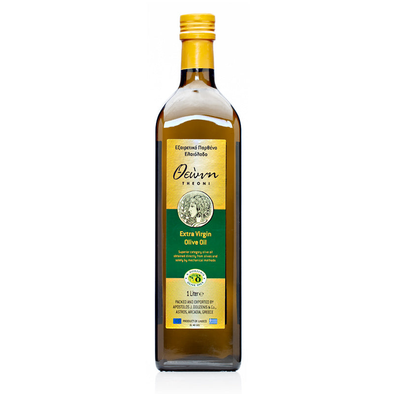Theoni Extra Virgin Olive Oil 1 Ltr bottle from Greek Deli Club, showcasing a glass bottle filled with golden olive oil.