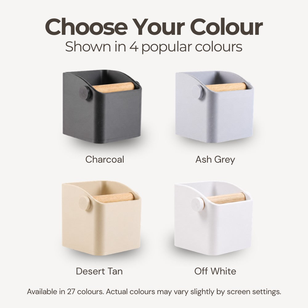KNOCDIC® Square Espresso Knock Box with oak knock bar in various colors for coffee machine accessory and espresso shot preparation.